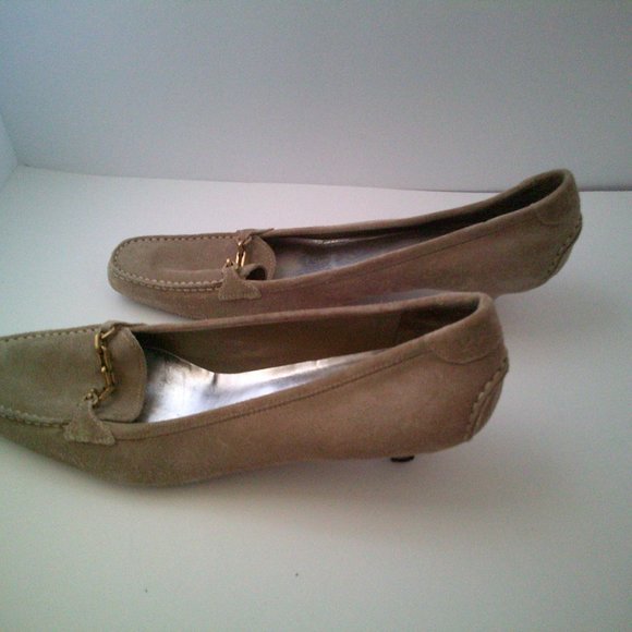 Prada Womens Brown Suede Slip On Loafer with Gold Tone Chain and Kitten Heel - Picture 5 of 6